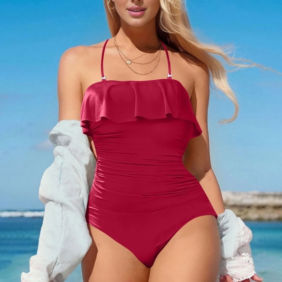 Ayolanni Ruffled Plus Size Swimsuit for Women Tummy Control One-Piece Push-Up Swimwear Open Back Solid Strapless Bandeau Flowy Bathing Suit Red M