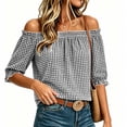 thumbnail image 1 of Ayolanni Ruffled Womens Blouses Plaid V-Neck Elastic Short Sleeve Blouse Casual Loose Puff Off the Shoulder T-Shirt Tops for Women Black L, 1 of 8