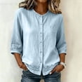 thumbnail image 1 of Ayolanni Scoop Neck Summer Women Blouses Cotton Linen Button Down Solid 3/4 Sleeve Blouse Textured Pockets Oversized Tees Summer Tops Blue L, 1 of 7