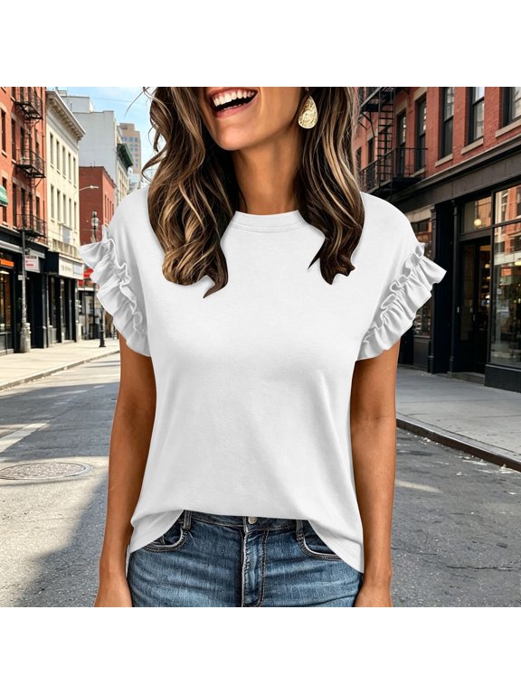 Scoop Neck Womens Blouses Solid Short Sleeve Ruffled Casual Blouse Summer Oversized Flutter T-Shirt Womens Tees White XXL