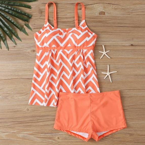 Ayolanni Separate Wear for Women Swim Orange Striped Modest Two-Piece Sets Teen Swimsuits XL