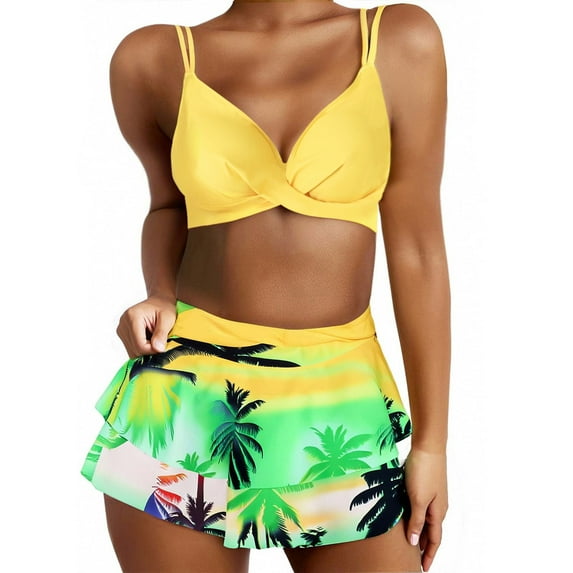 Ayolanni Separate Women's Tankini Swimsuit Sets V-Neck Yellow Tropical Skirt Two-Piece Sets Female Teen Swimwear 5x