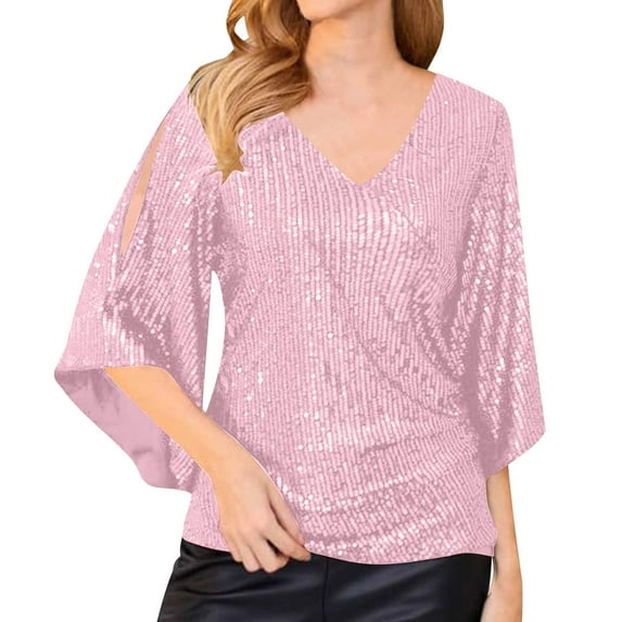 Ayolanni Sequin Womens Tops Sparkly Short Sleeve Pink V-Neck Smocked Going out Puff Blouses Womens Shirt S