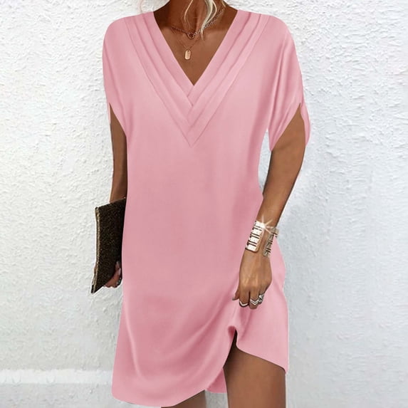 Ayolanni Shift Women Summer Dresses Casual Midi Solid Color V-Neck Dress Going Out Comfy Short Sleeve Pleated Batwing Sundress L