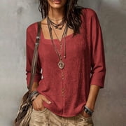 Ayolanni 3/4 Sleeve Shirts for Women Solid Square Neckline Cotton Blouse Casual Loose Business Shirts Tops for Women Red M
