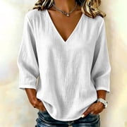 Ayolanni V-Neck Shirts for Women Cotton Solid 3/4 Sleeve Blouse Breathable Fitted Comfy Shirts Womens Tops White S