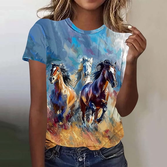 Ayolanni Horse Print Tops for Women Western Short Sleeve Crew Neck Blouse Plus Size Athletic Corset Ladies T-Shirt L