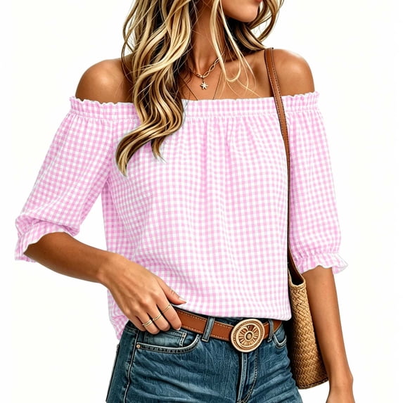 Ayolanni Short Sleeve 2026 Vacation Clothes Plaid V-Neck Elastic Ruffled Blouse Puff Off the Shoulder Casual Loose T-Shirt Womens Tees Pink XXXL