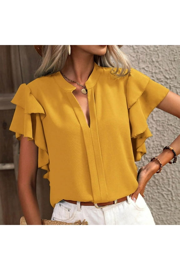 Short Sleeve Basic Tees for Women under 5 V-Neck Yellow Flutter Solid Blouses Teens Shirts 2X