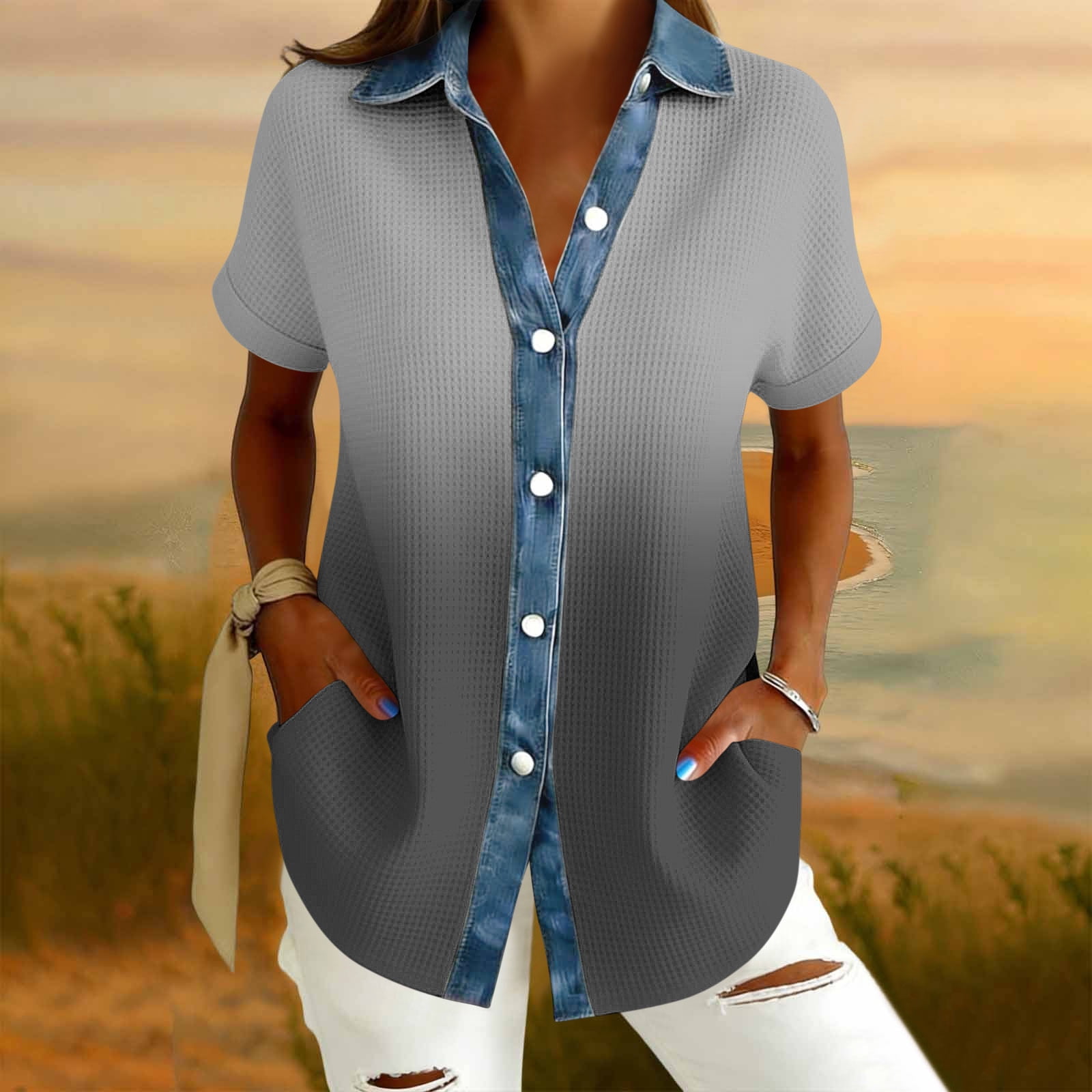 Ayolanni Short Sleeve Blouses for Women Button Down Denim Patchwork ...