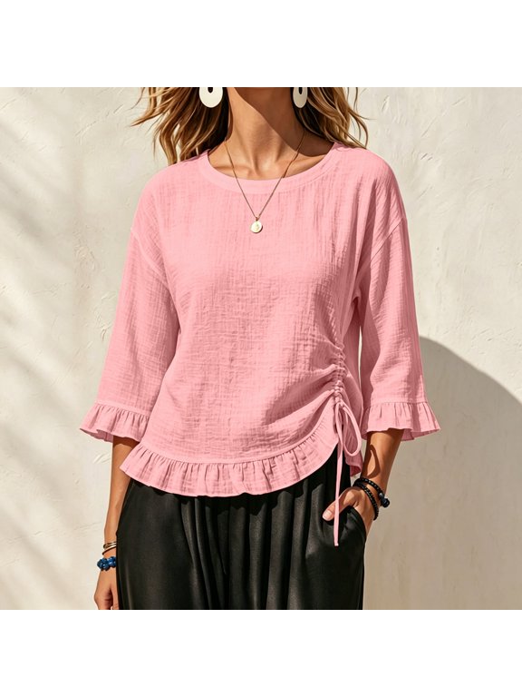 Short Sleeve Blouses for Women Cotton Linen Peplum Solid Scoop Neck Blouse Flutter Ladies Drawstring T-Shirt Womens Tees Pink S