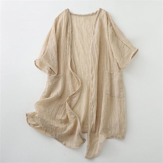 Ayolanni Short Sleeve Cardigan Sweaters for Women Long Lightweight Beige Cardigan Solid Soft V-Neck Open Front Cardigan L