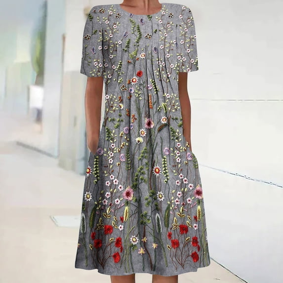 Ayolanni Short Sleeve Dresses for Women 2026 A-Line Crew Neck Maxi Dress Floral Boho Vacation Stretchy Smocked Sundress S