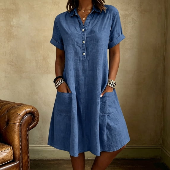 Ayolanni Short Sleeve Dresses for Women Solid V Neck A-Line Midi Dress Loose Daily Casual Cotton Linen Dress with Pockets Blue XL