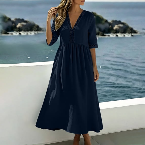 Ayolanni Short Sleeve Dresses for Women V Neck Solid A-Line Maxi Dress Beach Holiday Flowy Cotton Linen Long Dress Blue XL