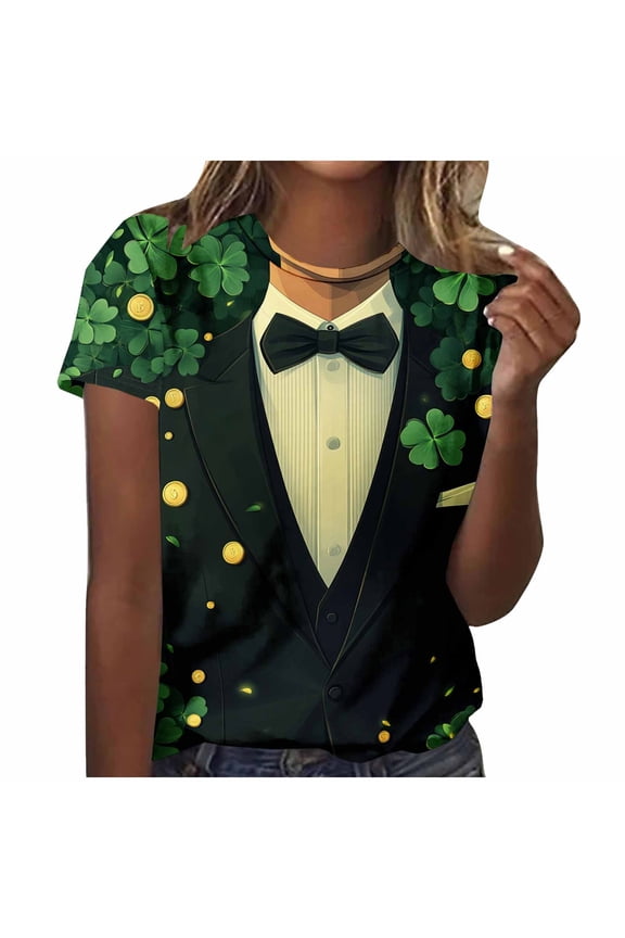 Short Sleeve Ladies Tops Black Funny Graphic St. Patricks Day Casual Clover Print Loose Tees Women Shirt L