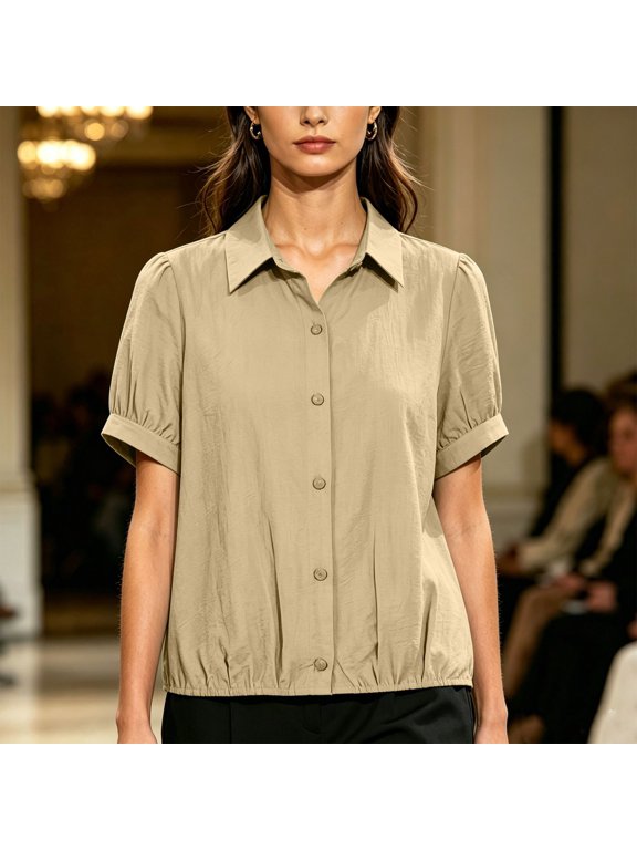 Short Sleeve Shirts for Women V-Neck Cotton Linen Solid Button Down Blouse Fitted Drawstring Casual Flutter Tees Women's Tops, Tees & Blouses Yellow M
