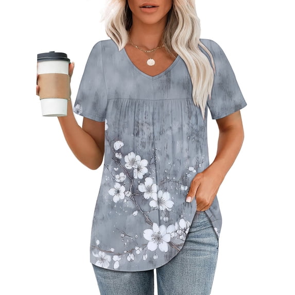Ayolanni Short Sleeve Shirts for Women Dressy V-Neck Collarless Floral Casual Blouse Ruched Fitted Going Out Tees Womens Spring Tops Green L