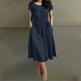 thumbnail image 1 of Ayolanni Short Sleeve Spring Dresses for Women Solid Elastic Waist Crew Neck Midi A-Line Dress Swing Modest Cotton Linen Casual Daily Sundress with Pockets Blue XXXXXL, 1 of 8