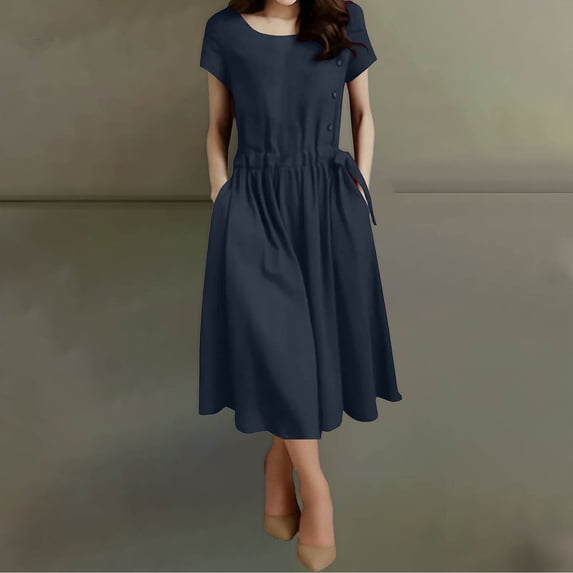 Ayolanni Short Sleeve Spring Dresses for Women Solid Elastic Waist Crew Neck Midi A-Line Dress Swing Modest Cotton Linen Casual Daily Sundress with Pockets Blue XXXXXL