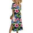 thumbnail image 1 of Ayolanni Short Sleeve Summer Dresses for Women 2026 Hawaii Floral V-Neck Maxi Shift Dress Beach Vacation Side Slit Knee Length Sundress with Pockets Multicolor L, 1 of 6