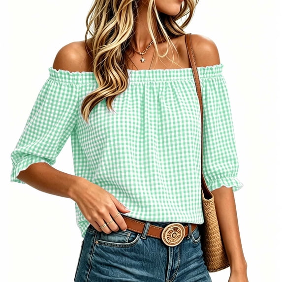 Ayolanni Short Sleeve T Shirts for Women Elastic V-Neck Ruffled Plaid Blouse Casual Puff Loose Off the Shoulder T-Shirt Womens Tees Green XL