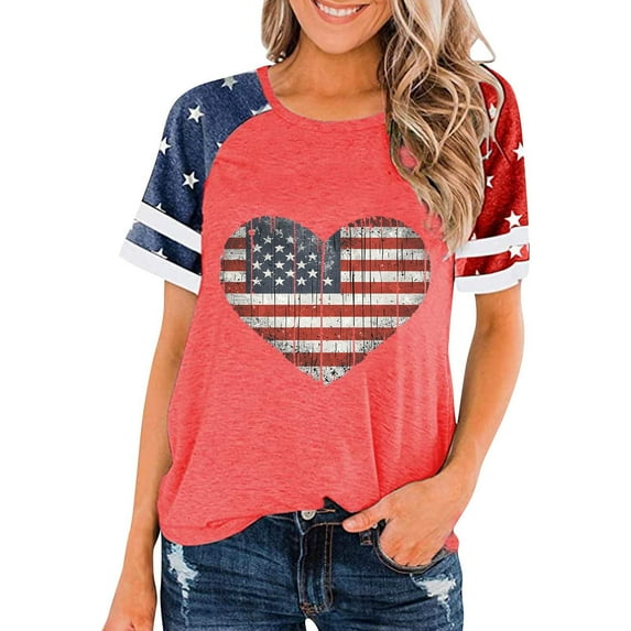 Ayolanni Short Sleeve Tops for Women 2025 Red The Fourth of July Raglan T-Shirts Girls'Tops, Tees & Blouses 3x