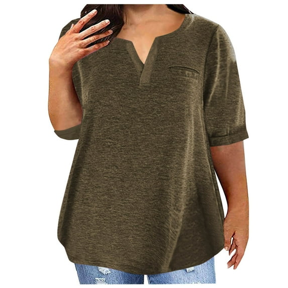 Ayolanni Short Sleeve Tops for Women 2025 V-Neck Plus Size Cotton Brown Solid Blouses Women's Shirts XL