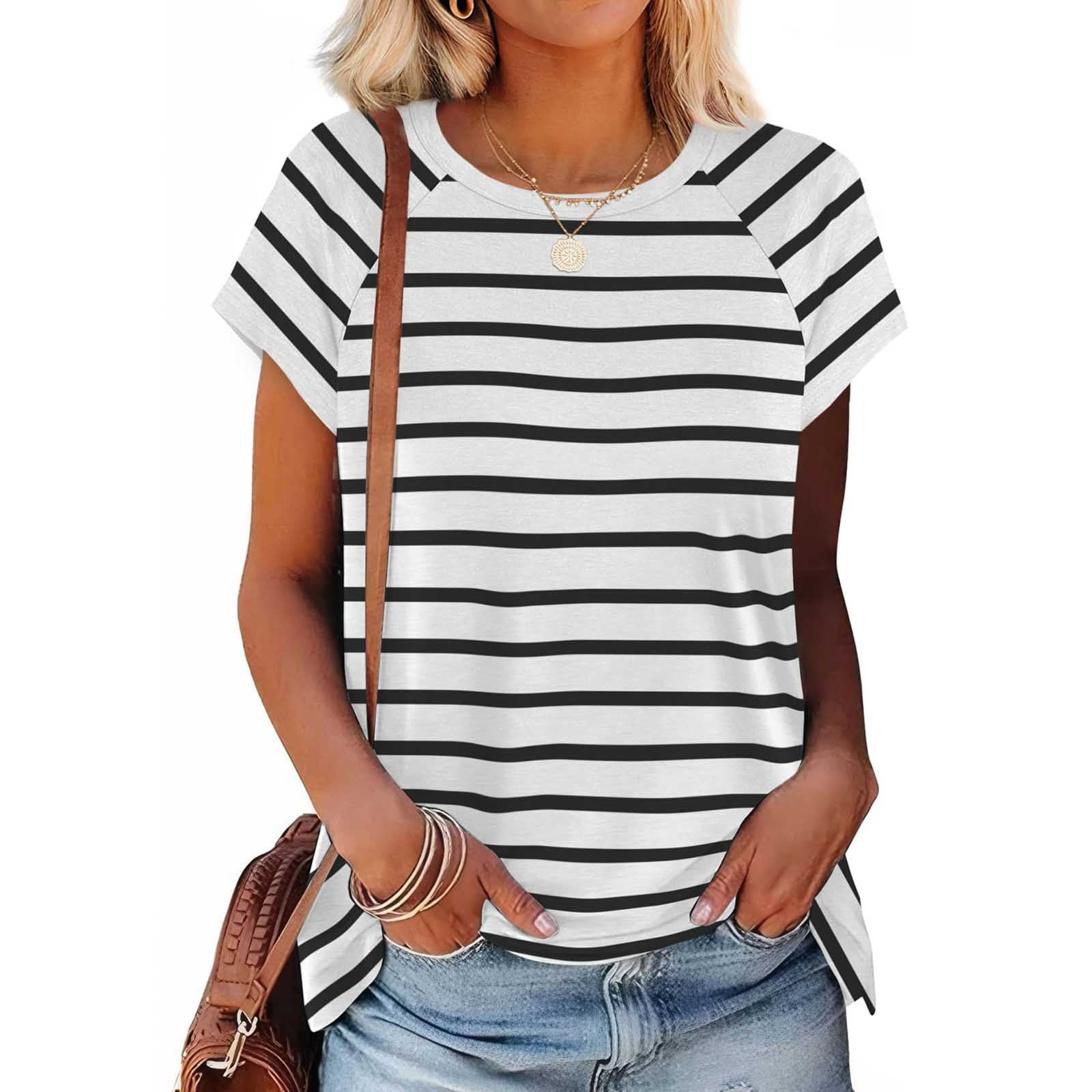 Ayolanni Short Sleeve Women Shirts Cotton Striped White Crew Neck T ...