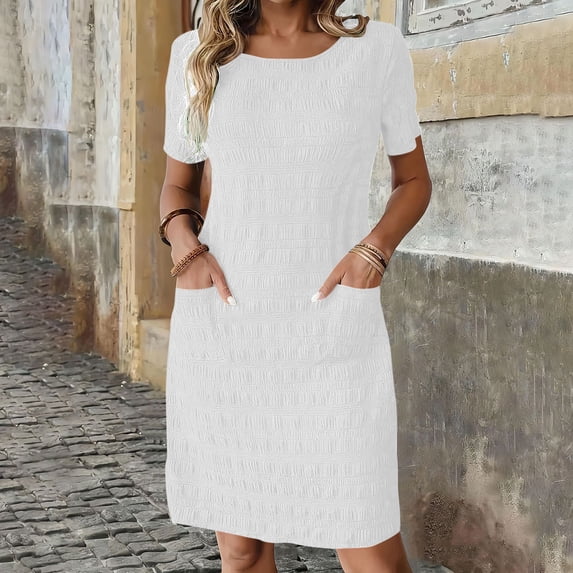 Ayolanni Short Sleeve Women Summer Dresses Casual Solid Scoop Neck Midi Shift Dress Daily Knit Textured Plus Size Ladies Sundress White XL