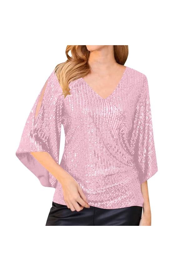 Short Sleeve Women Tops V-Neck Sparkly Pink Sequin Smocked Puff Going out Blouses Ladies Blouses XXXXXL