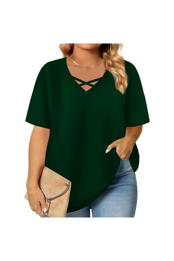 Short Sleeve Women's Blouses 5 Plus Size Army Green V-Neck Solid T-Shirts Ladies Blouses 3X
