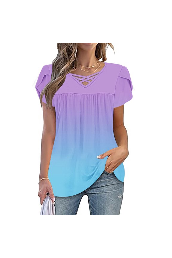 Short Sleeve Women's Tops, Tees & Blouses V-Neck Multiple Color Casual Blouse Plus Size Comfortable Flutter Shirts Womens Tops