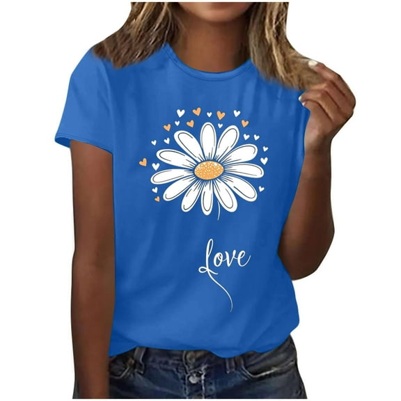 Ayolanni Short Sleeve Women's Tshirts Blue Daisy Crew Neck Pullover T-Shirts Ladies Blouses S