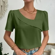 Ayolanni Short Sleeve Womens Blouses Clearance Under $10 Green Asymmetric Neck Tunics Blouse Solid Tops Size L