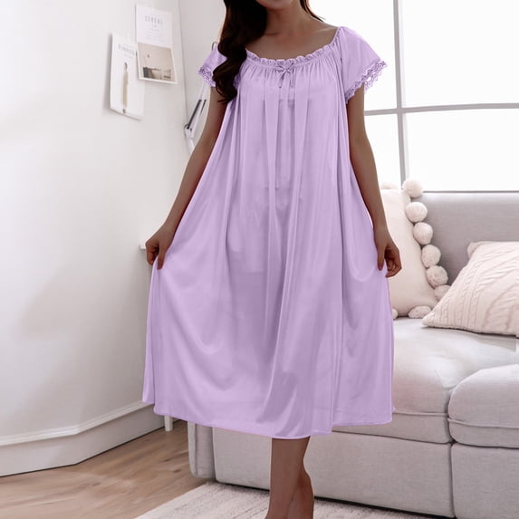 Ayolanni Short Sleeve Womens Nightgowns Solid Flowy Comfy Night Shirts Summer Lace Purple Sleepwear Free Size