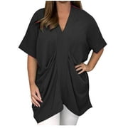 Ayolanni Short Sleeve Womens Tops Clearance Black V-Neck Tunics Asymmetrical Hem Solid Tops Size L
