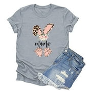 Ayolanni Silver Bunny T-Shirts for Women Cute Easter Day Printed Tunic Top Spring Short Sleeves Pullovers Size L