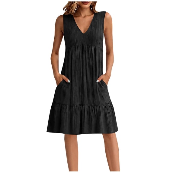 Ayolanni Sleeveless Spring Dresses for Women Solid Modest V-Neck Midi A-Line Dress Vacation Casual Pleated Beach Ruffle Sundress with Pockets Black XL