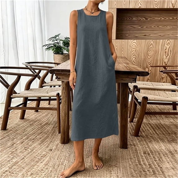 Ayolanni Sleeveless Summer Dresses for Women Cotton Linen Gray Crew Neck A-Line Maxi Dress Flowy Work Going Out Solid Sundress XXL