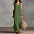 thumbnail image 1 of Ayolanni Sleeveless Women Summer Dresses V-Neck Side Split Solid Maxi Tank Dress Flowy Knee Length Cotton Linen Vacation Beach Sundress Green L, 1 of 8