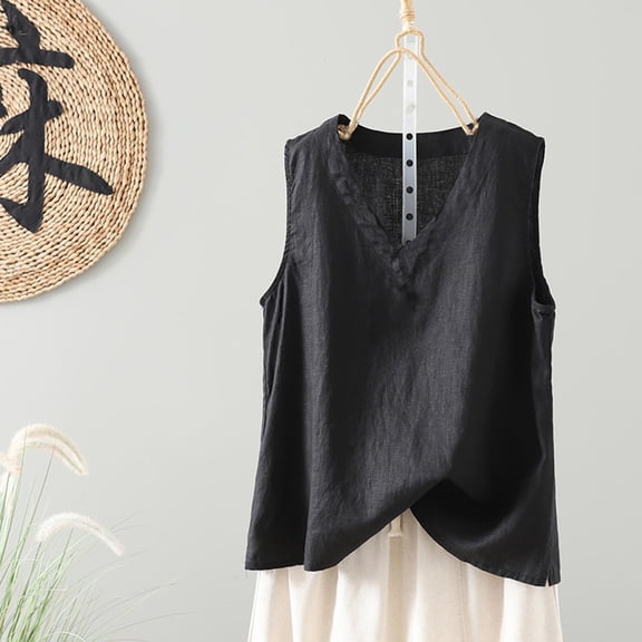 Ayolanni Sleeveless Women T Shirt V-Neck Cotton Linen Black Solid Tank Tops Shirts for Girls L