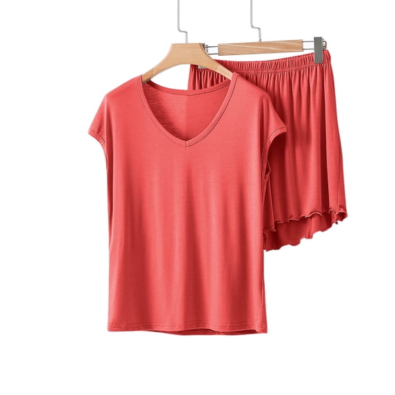 Ayolanni Soft Pajama Sets for Women 2 Piece Red Cotton Pajamas Ruffle Sleepwear Short Sleeve and Pajama Shorts Sets Comfy Lounge Sets M-2XL