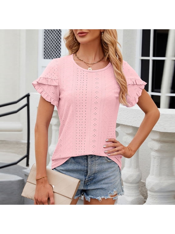 Solid Basic Tees for Women Short Sleeve Casual Scoop Neck Crochet Blouse Flutter Cutout Loose Shirts 2026 Vacation Clothes Pink XL
