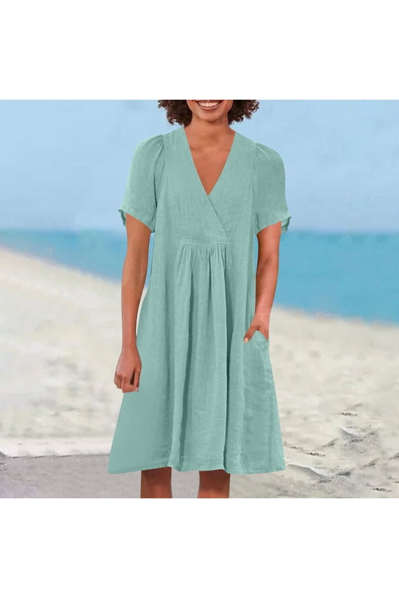 Solid Color Women Summer Dresses A-Line Midi V-Neck Casual Dress Weekend Cotton Linen Short Sleeve Smocked Sundress XXL