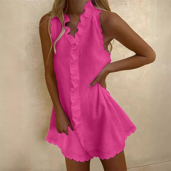 Ayolanni Solid Color Women Summer Dresses Y2K Midi V-Neck A-Line Dress Off the Shoulder Cotton Linen Dating Ruffle Sleeveless Sundress L