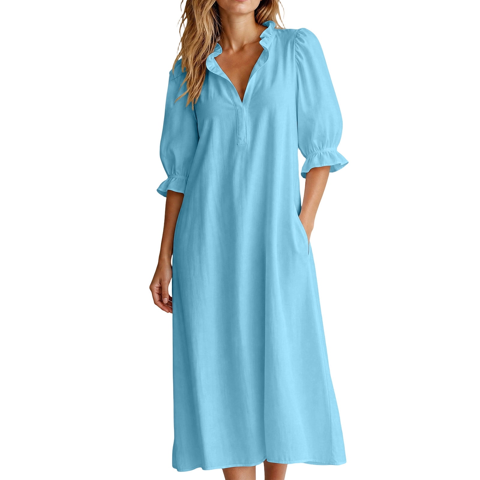 knee length shift dress for wedding Ayolanni Solid Dresses Women V-Neck Flutter Sleeve Short Sleeve Dressy Maxi Flowy Guest Ruched Workout Sundress Blue XXL dramatic skirt