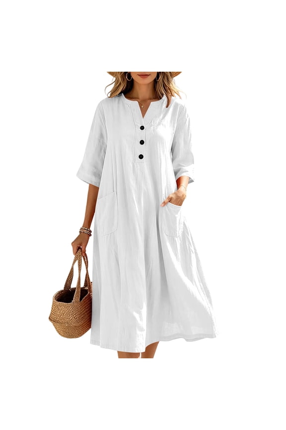 Solid Dresses for Women 2026 3/4 Sleeve Casual Henley Maxi Shift Dress Daily Wear Pleated Button Flowy Work Sundress with Pockets White S