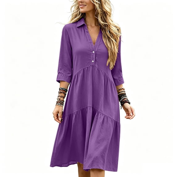 Ayolanni Solid Dresses for Women 3/4 Sleeve V-Neck A-Line Maxi Dress Wedding Guest Plain Party Button Down Long Dress Purple L
