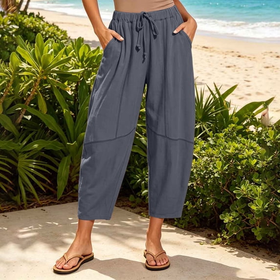 Ayolanni Solid Pants for Women Casual Elastic Waist Flowy Jogger Pants Gray Drawstring Straight Loose Boho Trousers with Pockets XXL